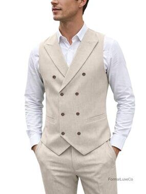 Men's Linen Suit Set 2 Piece Slim Fit Vest & Pants Summer Tuxedo
